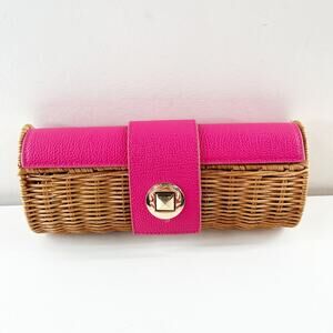 Mud Pie Wicker Rattan Straw Clutch Wallet Pink Brown
